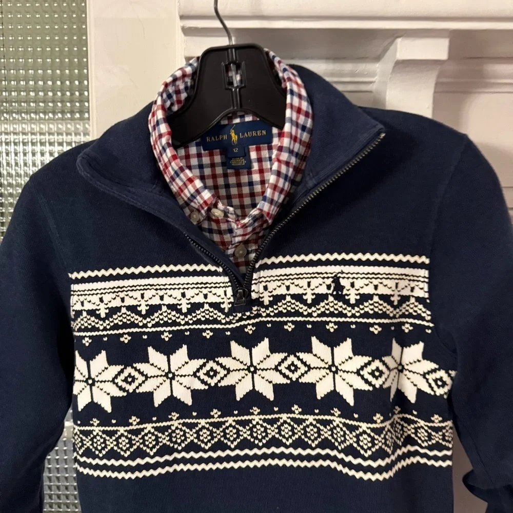 Ralph Lauren Boys 2 PCs Set Blue Snowflake 1/4 Zip Sweater & Plaid Shirt M 10-12